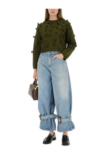 Jw anderson women’s olive green loop cropped jersey sweater with textured button-like embellishments on body and sleeves