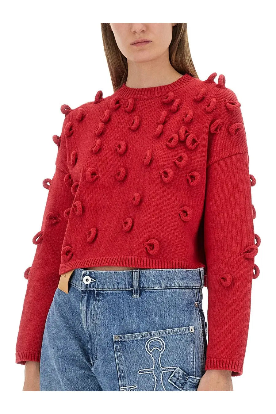 Jw anderson women’s loop cropped jersey red knit sweater with textured knotted embellishments on shoulders and sleeves