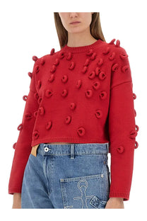 Jw anderson women’s loop cropped jersey red knit sweater with textured knotted embellishments on shoulders and sleeves