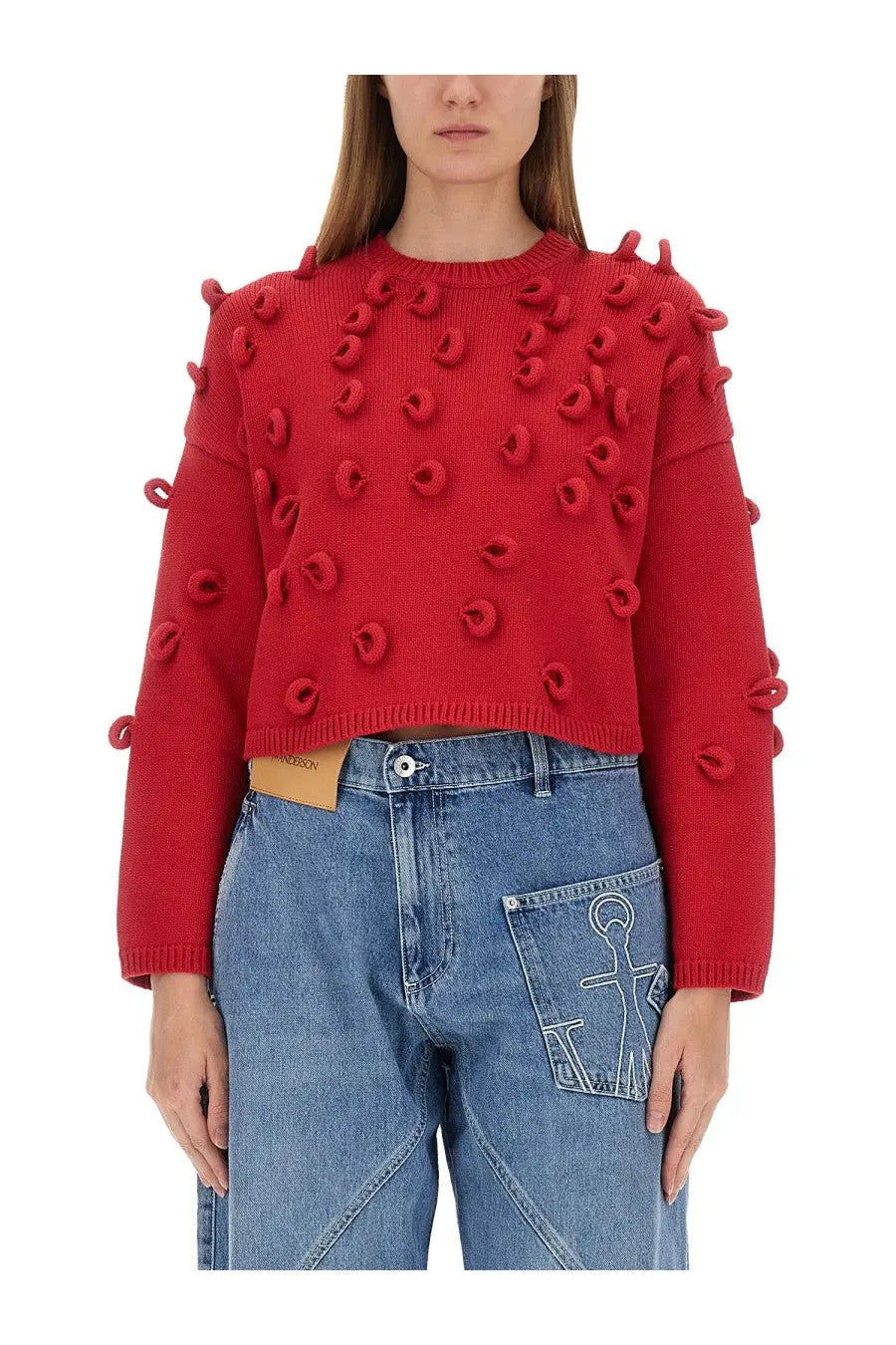 Jw anderson women’s red loop cropped jersey sweater with textured 3d pom-poms on shoulders and sleeves