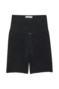 Jw anderson women’s perforated knit shorts in black with high waistband subtle vertical ribbing and front embroidered logo