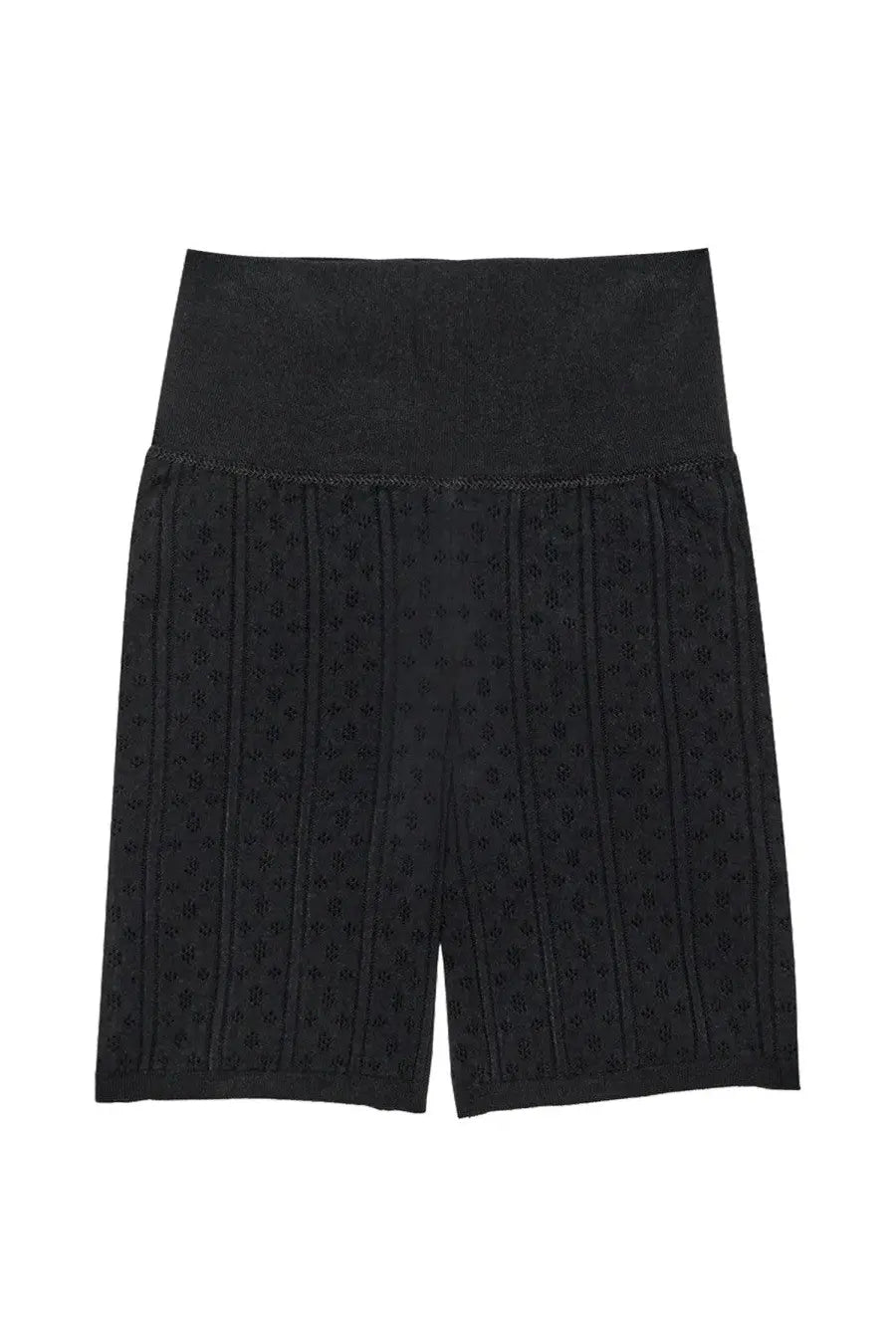 Jw anderson women’s perforated knit shorts in black featuring high-waisted design and subtle vertical ribbing