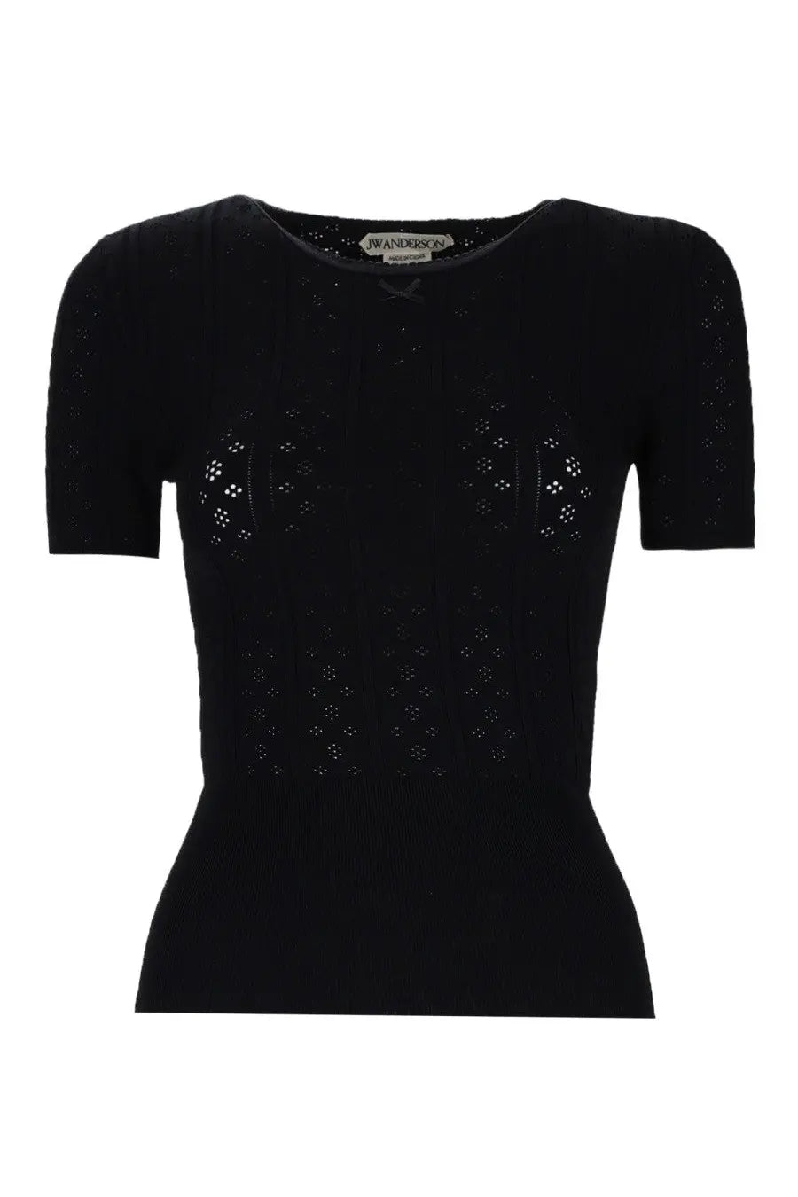 Black yves saint laurent short-sleeved knit top with subtle geometric perforated pattern in jw anderson style