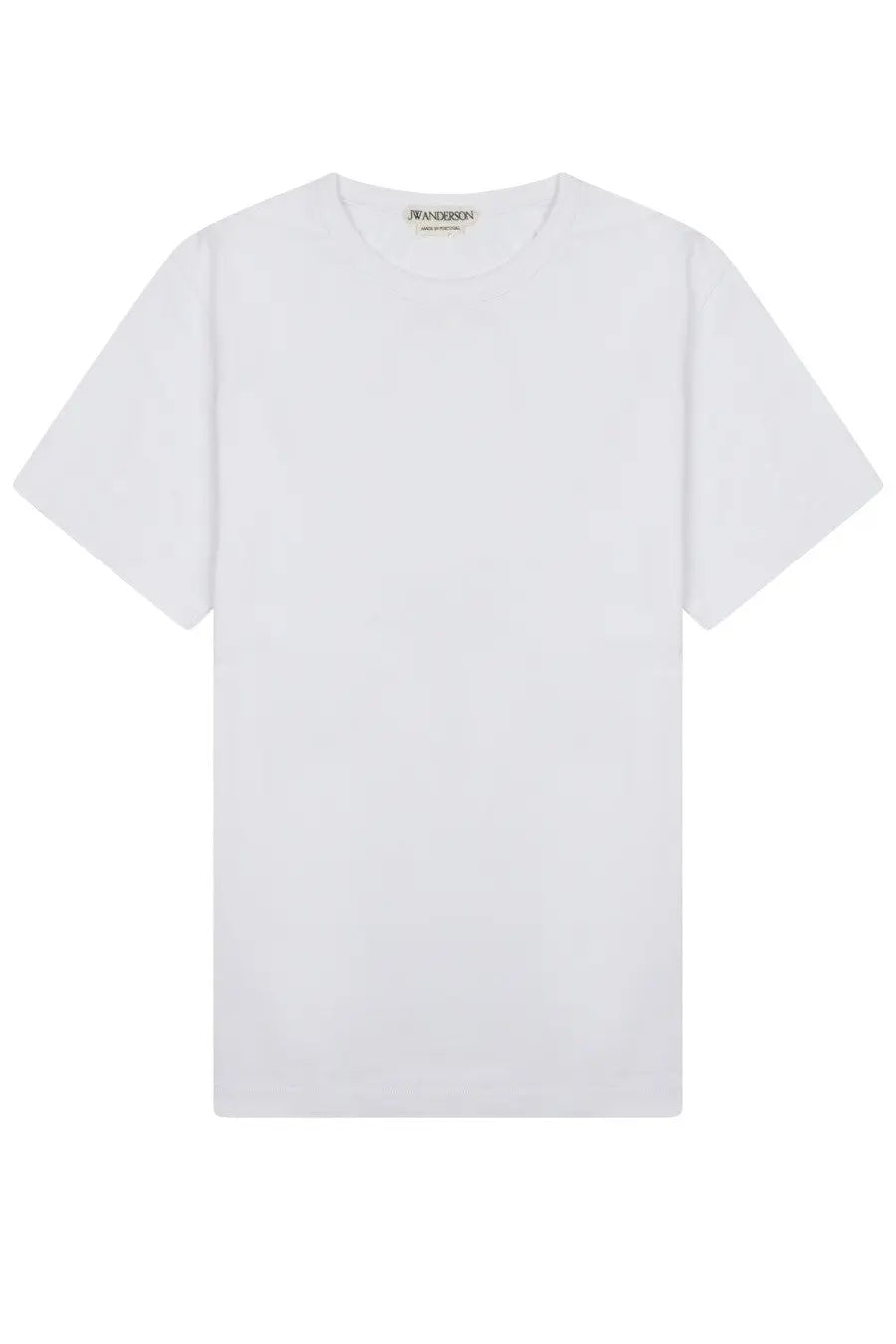 Jw anderson women’s white short sleeve t-shirt in cotton with crew neck and subtle brand tag at the collar