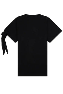 Jw anderson women’s black short-sleeved t-shirt with tied fabric detail on the left sleeve made of soft cotton