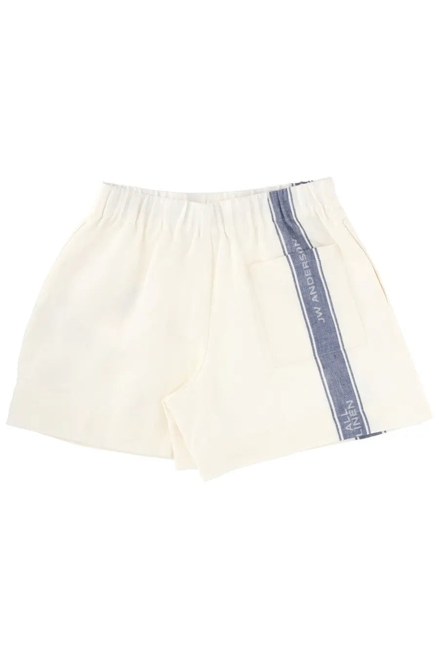 Jw anderson women’s cream-colored shorts with blue vertical stripe and white anderso branding on the side seam