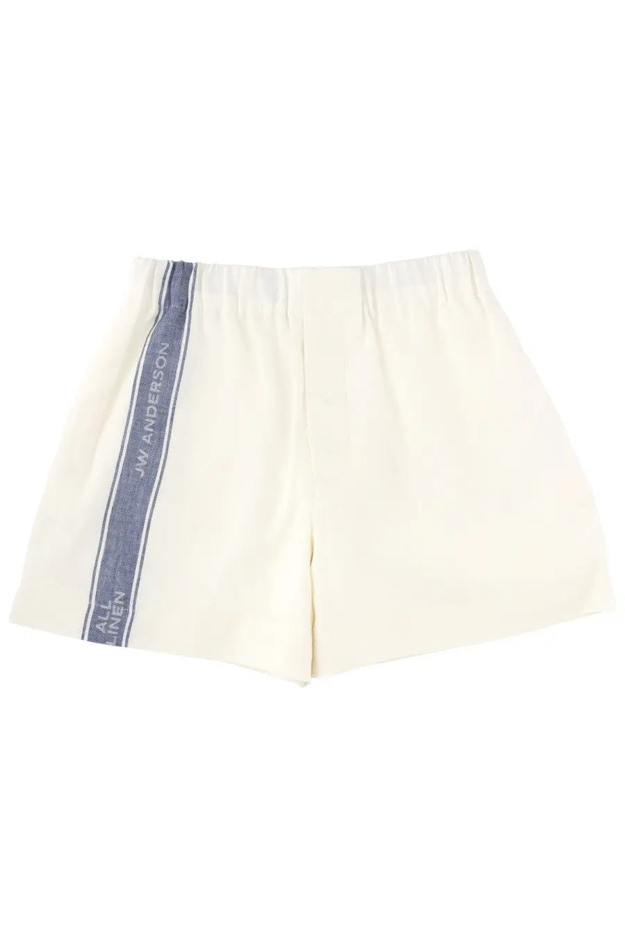 Cream-colored, elastic-waisted shorts with a navy blue vertical stripe featuring the ’jw anderson’ logo in white lettering.