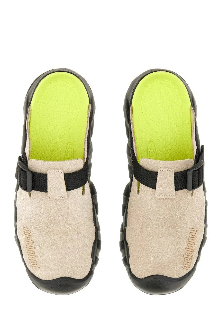 Keen men’s clog hyperport beige suede mules with black rubber straps and neon green insole front view