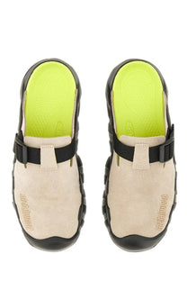 Keen men’s clog hyperport beige suede mules with black rubber straps and neon green insole front view