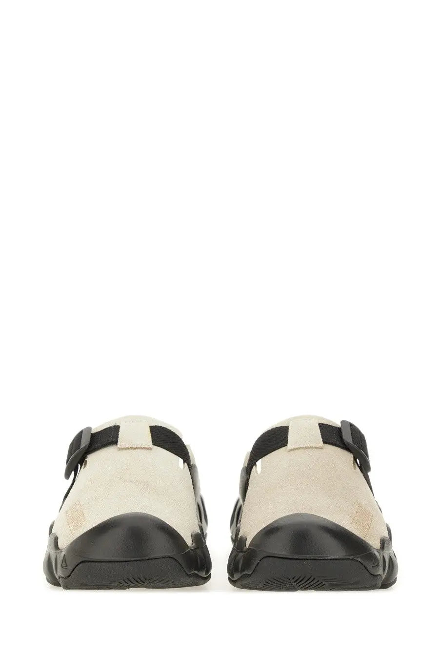 Keen men’s clog hyperport multicolor cream canvas sandals with black rubber soles and adjustable strap closures