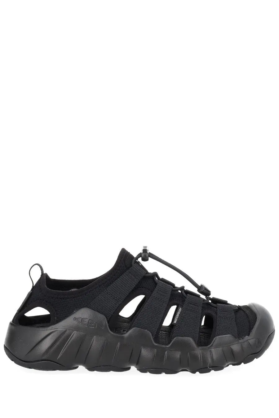 Keen men’s sandal hyperport black in black rubber and mesh with a rugged textured sole shown from the back side