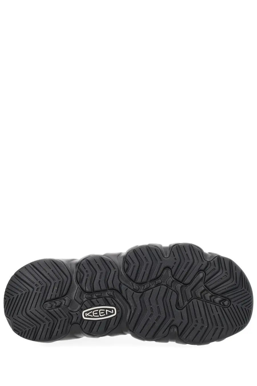 Back side of keen men’s sandal hyperport black showing black rubber sole with chunky tread pattern and keen logo on heel