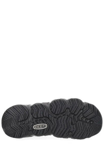 Back side of keen men’s sandal hyperport black showing black rubber sole with chunky tread pattern and keen logo on heel