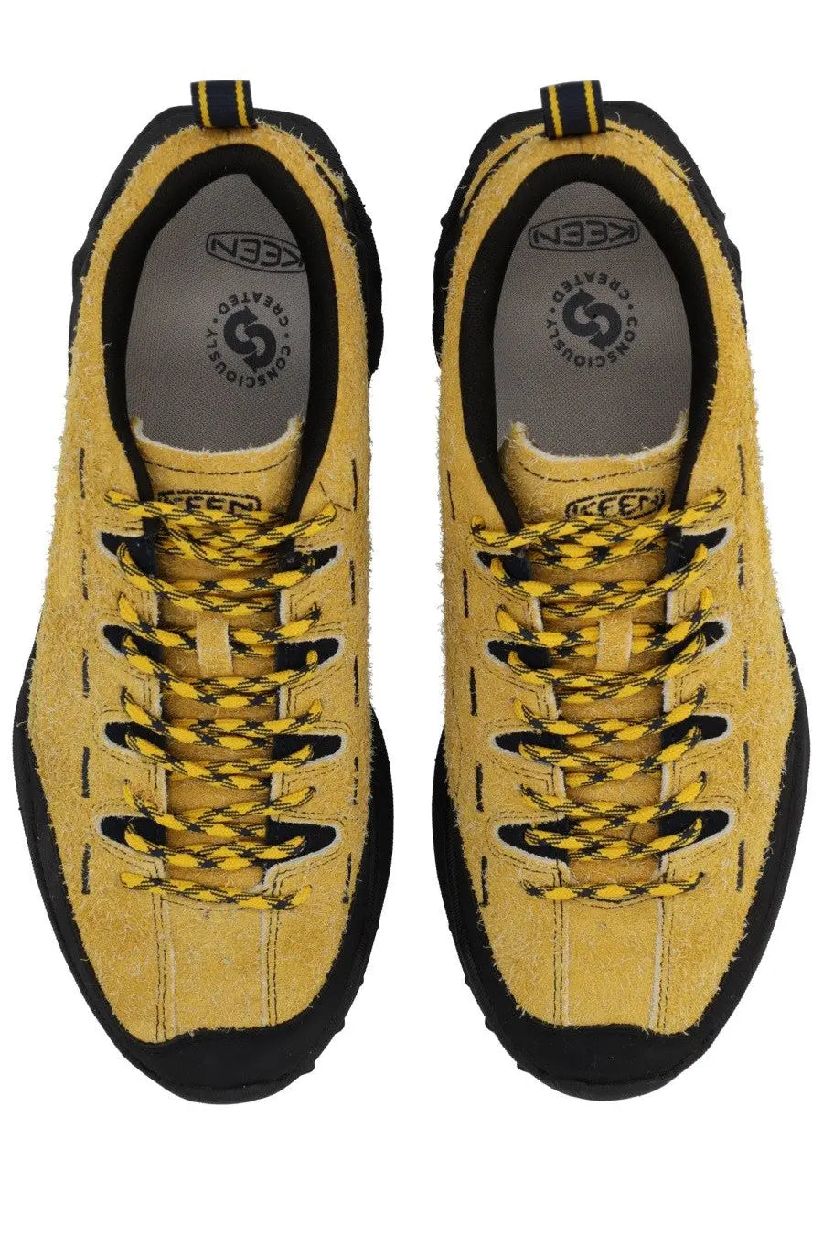 Keen men’s sneaker jasper zionic yellow hiking shoes in yellow suede with black accents and braided laces