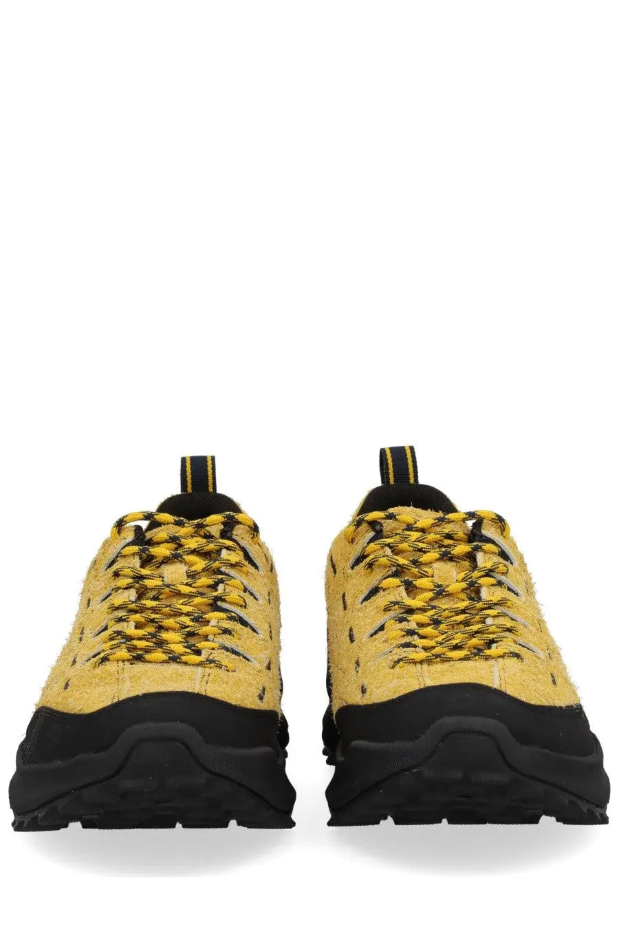 Keen men’s sneaker jasper zionic yellow with yellow suede upper and black rubber sole featuring yellow and black striped laces