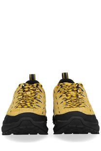 Keen men’s sneaker jasper zionic yellow with yellow suede upper and black rubber sole featuring yellow and black striped laces