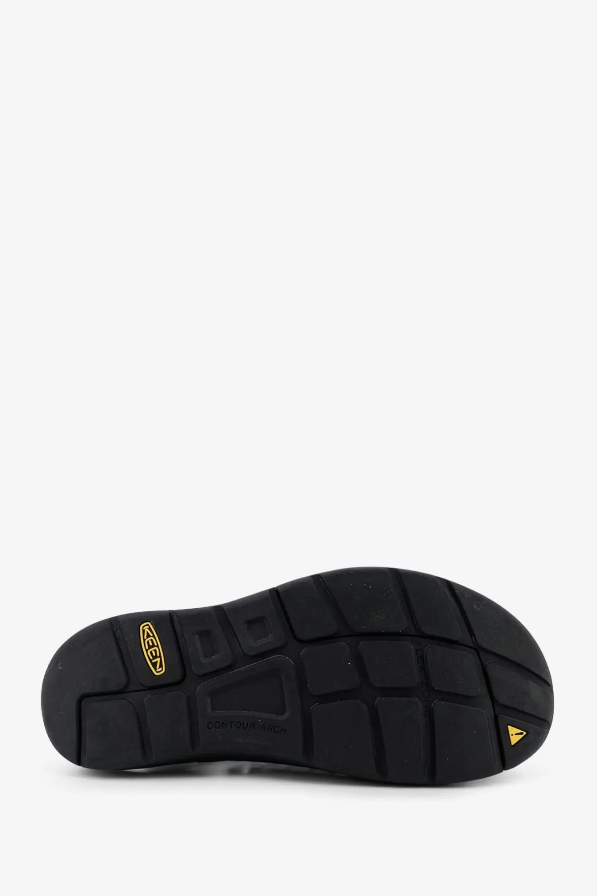 Back view of keen men’s uneek suede sneakers green showing black rubber sole with textured grid and gold keen logo