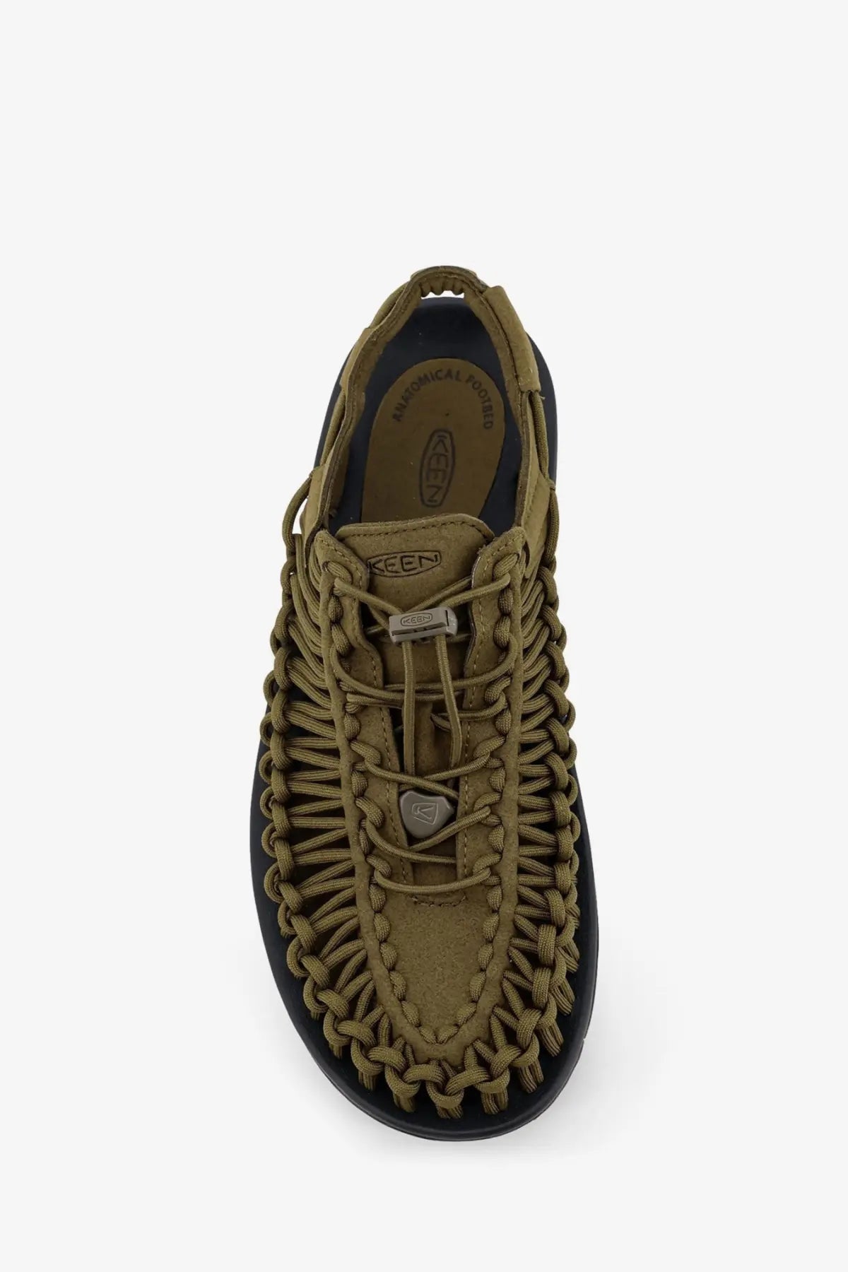 Keen men’s Uneek suede sneakers in olive green with braided canvas upper black rubber sole and metallic logo accents
