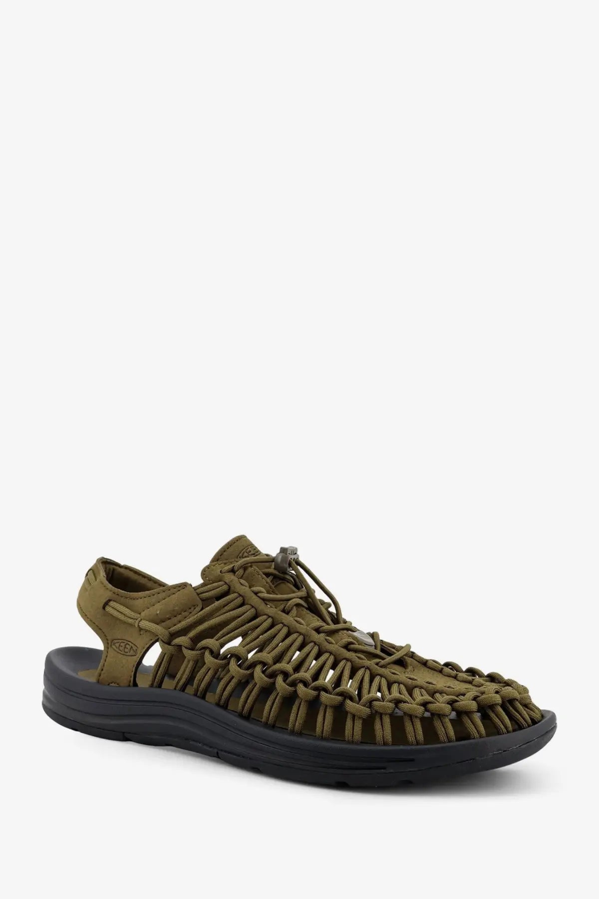 Olive green woven leather sandal with black rubber sole from keen men’s uneek suede sneakers green collection