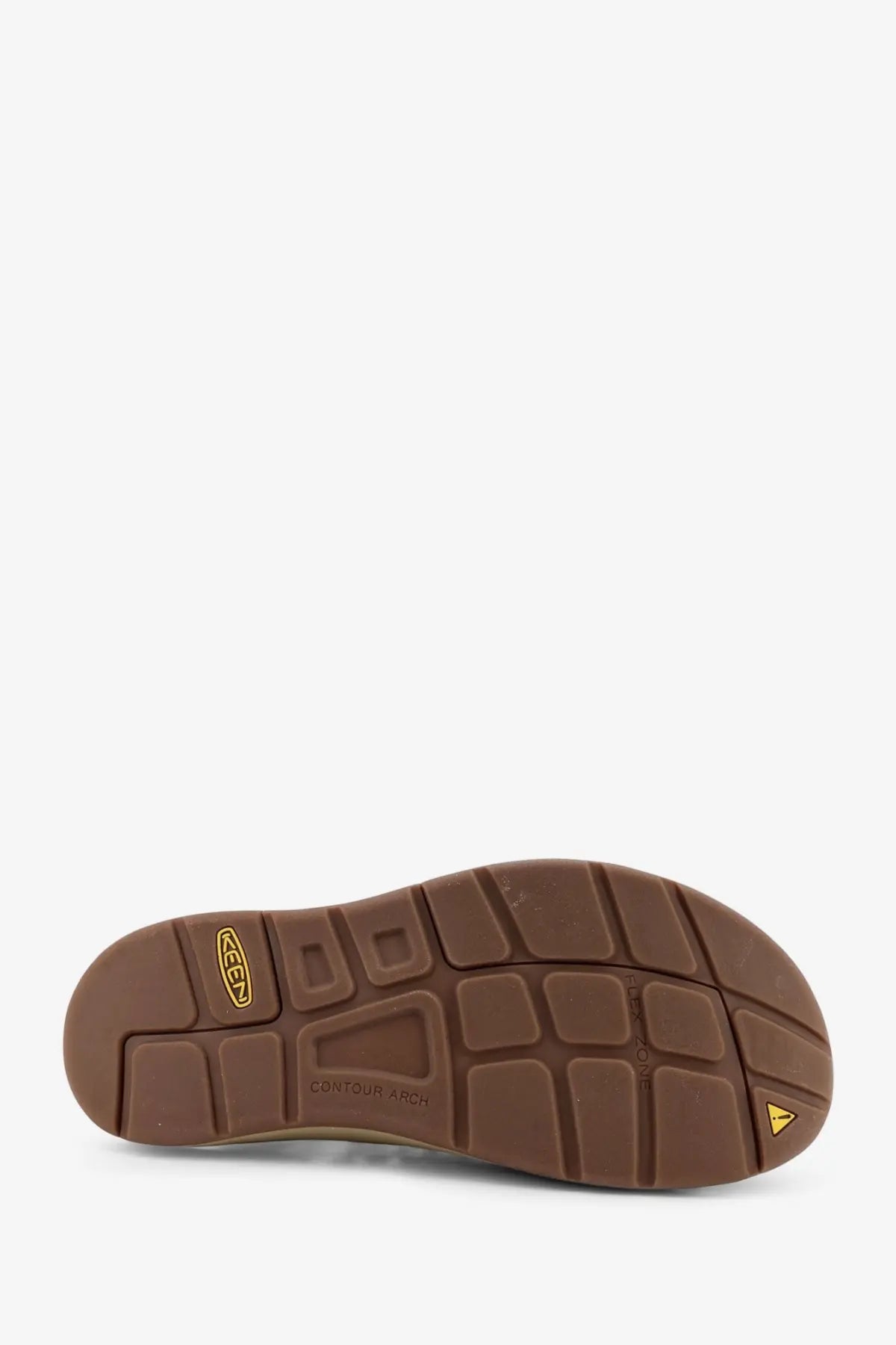 Brown rubber sole with textured tread and yellow keen logo on keen men’s uneek suede sneakers timberwolf