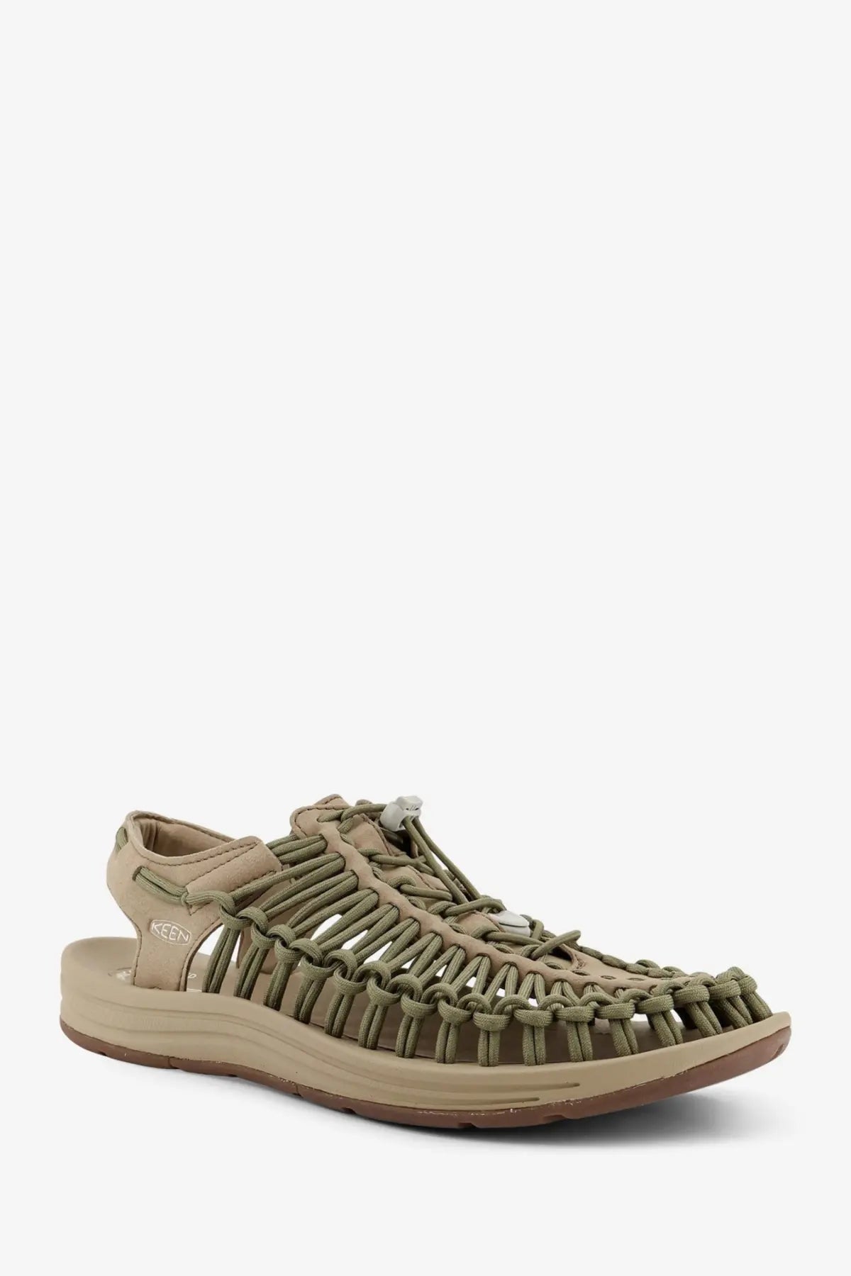 Olive green keen men’s uneek macrame-knit sandal with beige leather accents and keen logo on the side