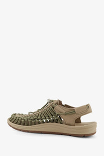 Keen men’s uneek suede sneakers timberwolf macramé olive green sandal with tan leather straps and cushioned sole