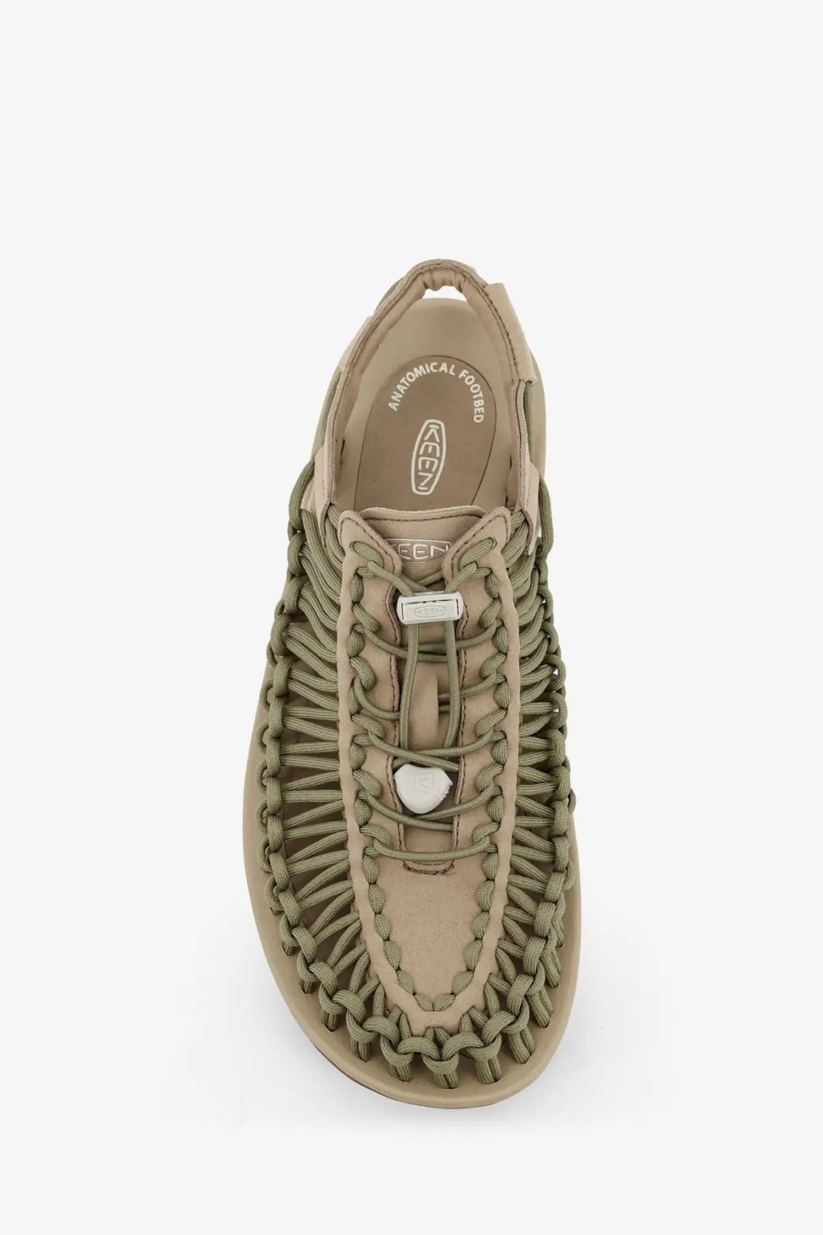 Keen men’s uneek suede sneakers timberwolf tan woven sandal with braided straps and silver toned buckle front view