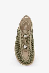 Keen men’s uneek suede sneakers timberwolf tan woven sandal with braided straps and silver toned buckle front view