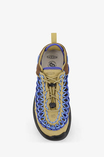 Keen men’s Uneek WK suede and rubber sneaker in tan and blue braided lace with brown accents and black rubber sole