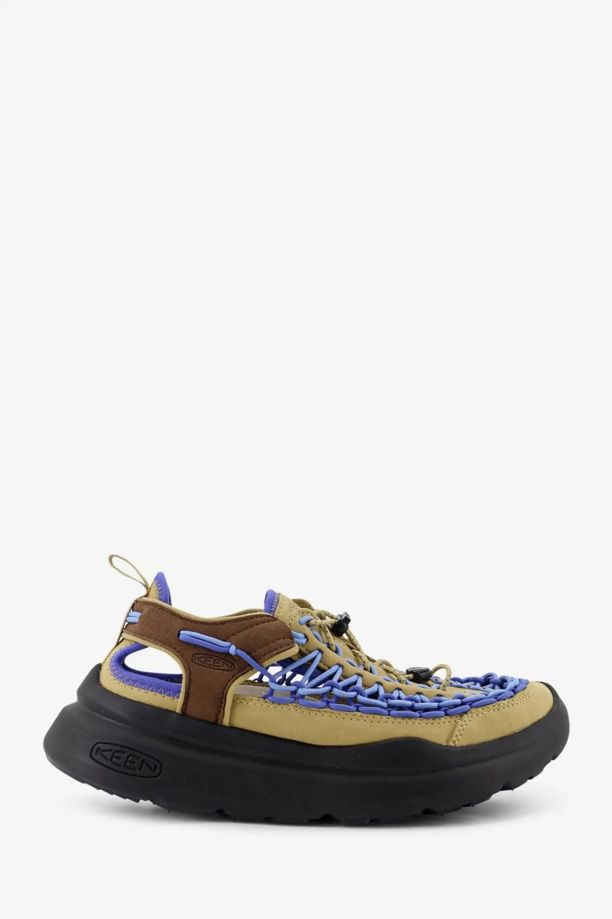 Keen men’s uneek wk suede and rubber sneakers in tan and brown with blue woven straps for outdoor use