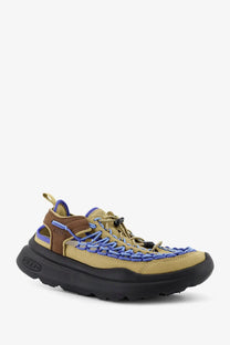 Keen men’s uneek wk suede and rubber sandal in tan and brown with blue woven laces and chunky black sole