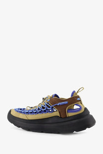 Keen men’s Uneek WK suede and rubber sneakers in tan and brown woven mesh with blue accents and chunky black sole
