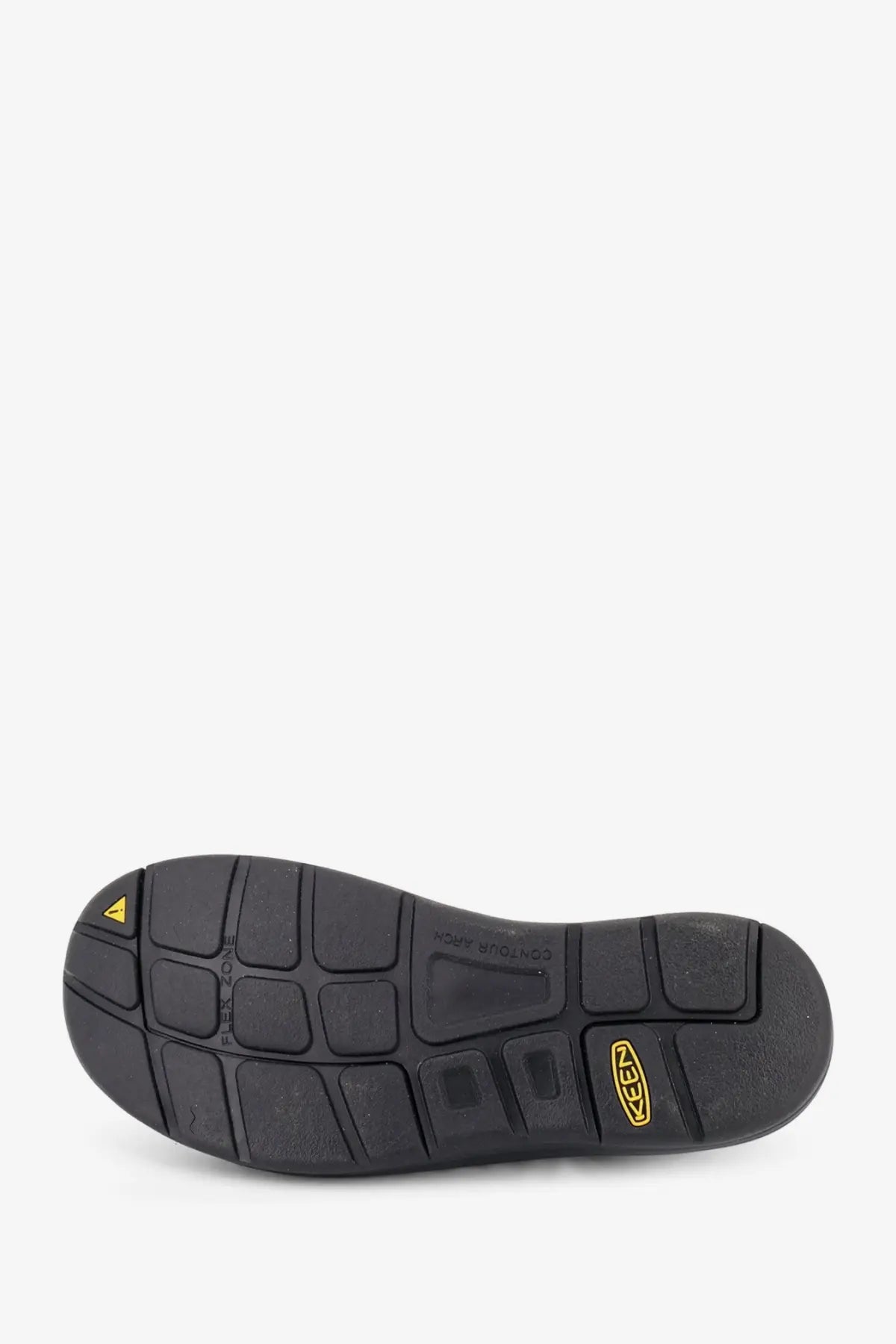 Back side of keen men’s uneek woven fabric sandals black showing black rubber sole with textured grid tread and yellow logo