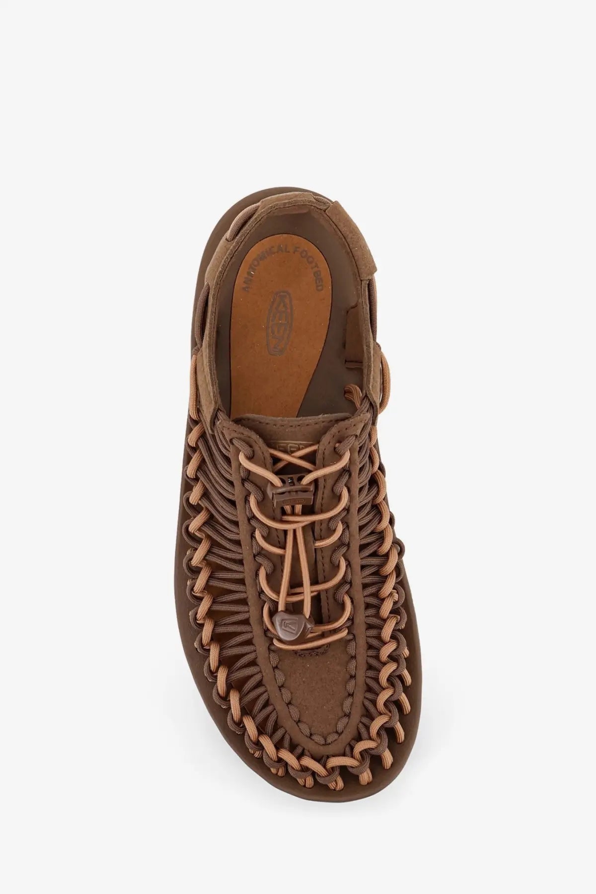 Keen men’s uneek brown woven leather sandal with tan laces and braided design multicolor fabric upper