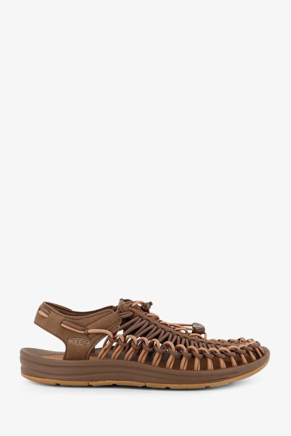 Brown leather keen men’s uneek sandal with woven strap design and multicolor fabric detailing