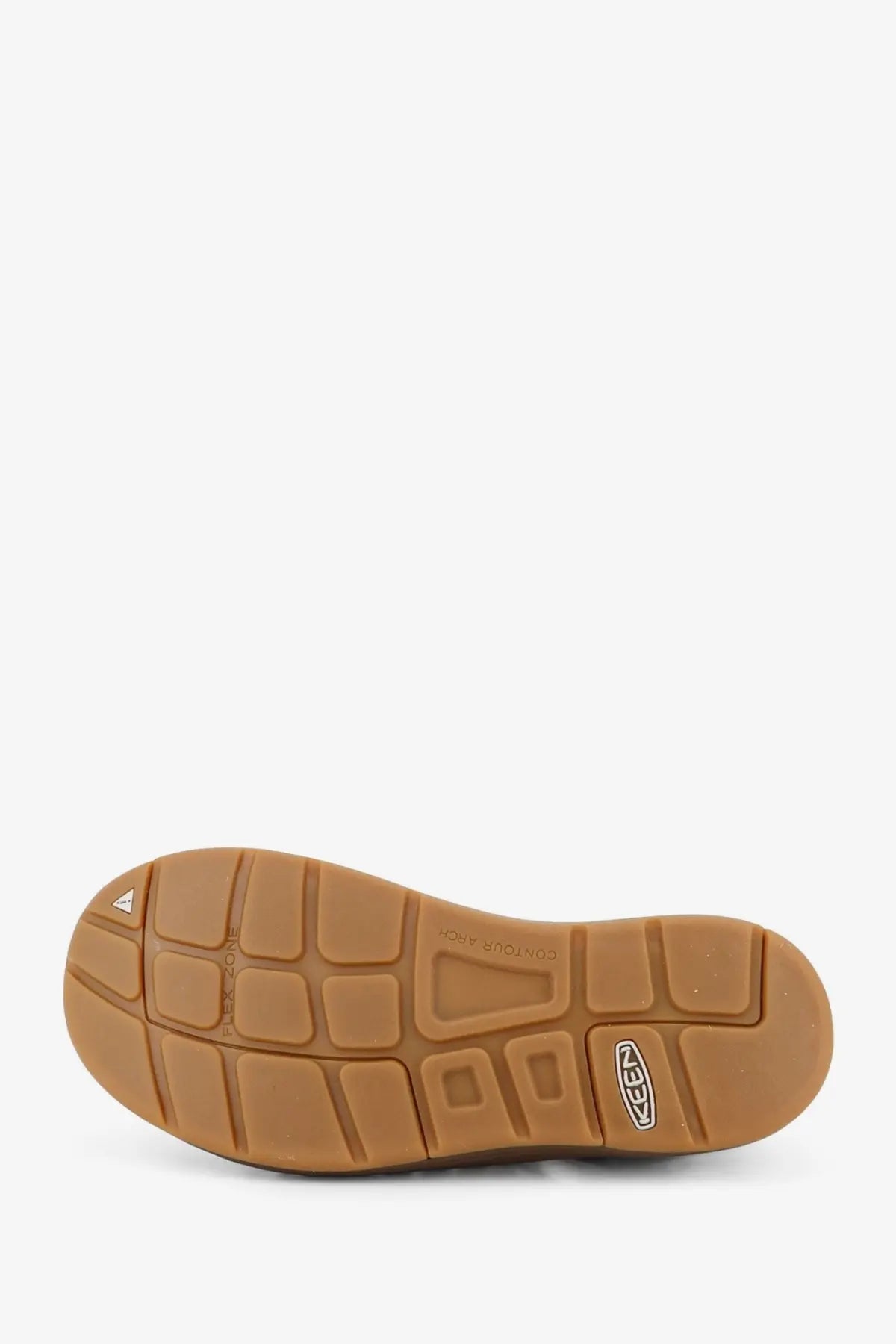 Back view of keen men’s uneek multicolor woven fabric sandals with tan rubber sole and textured grip pattern on heel