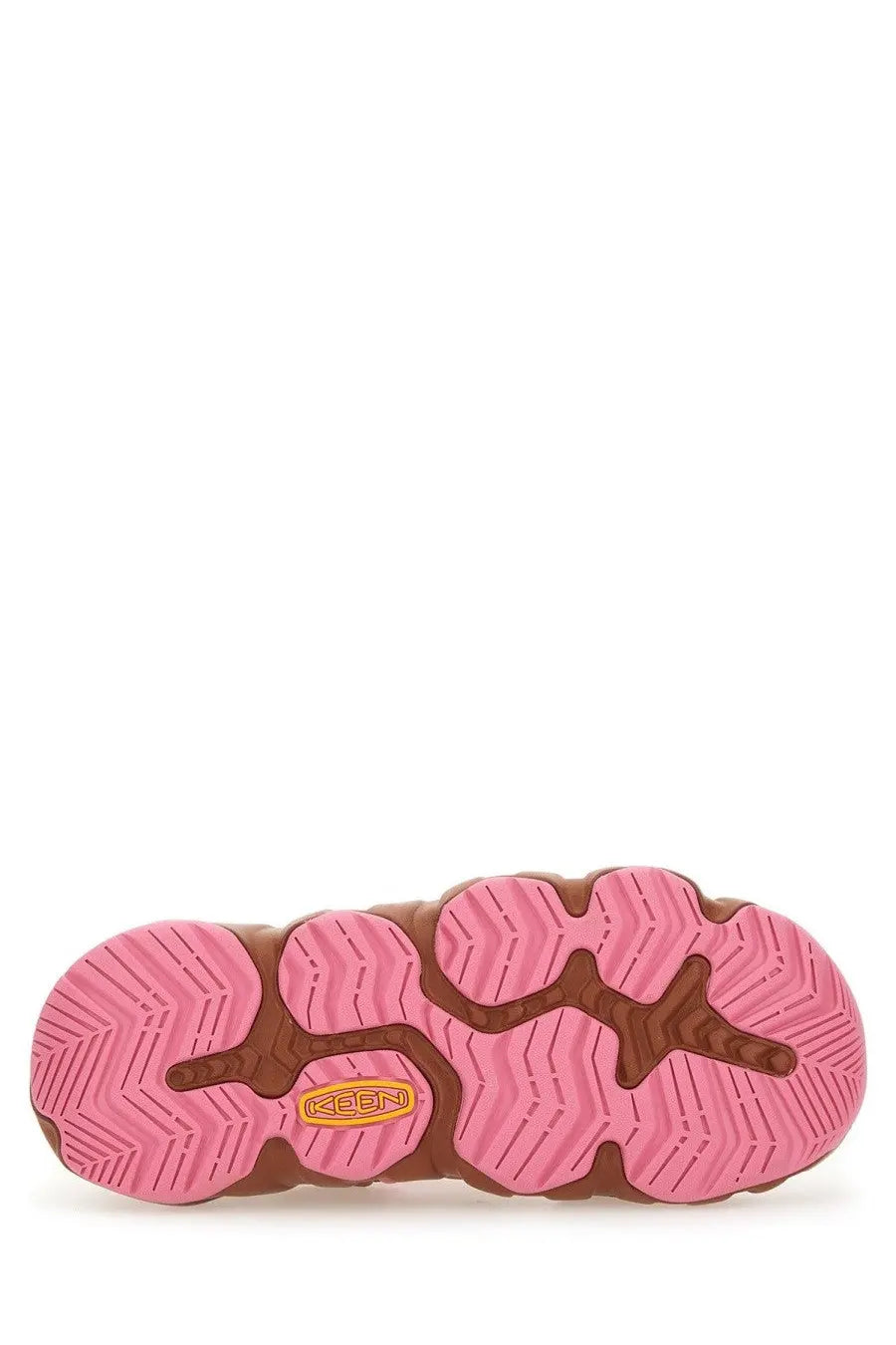 Pink and brown rubber sole with wavy tread and orange keen logo on keen women’s hyperport h2 sneaker multicolor