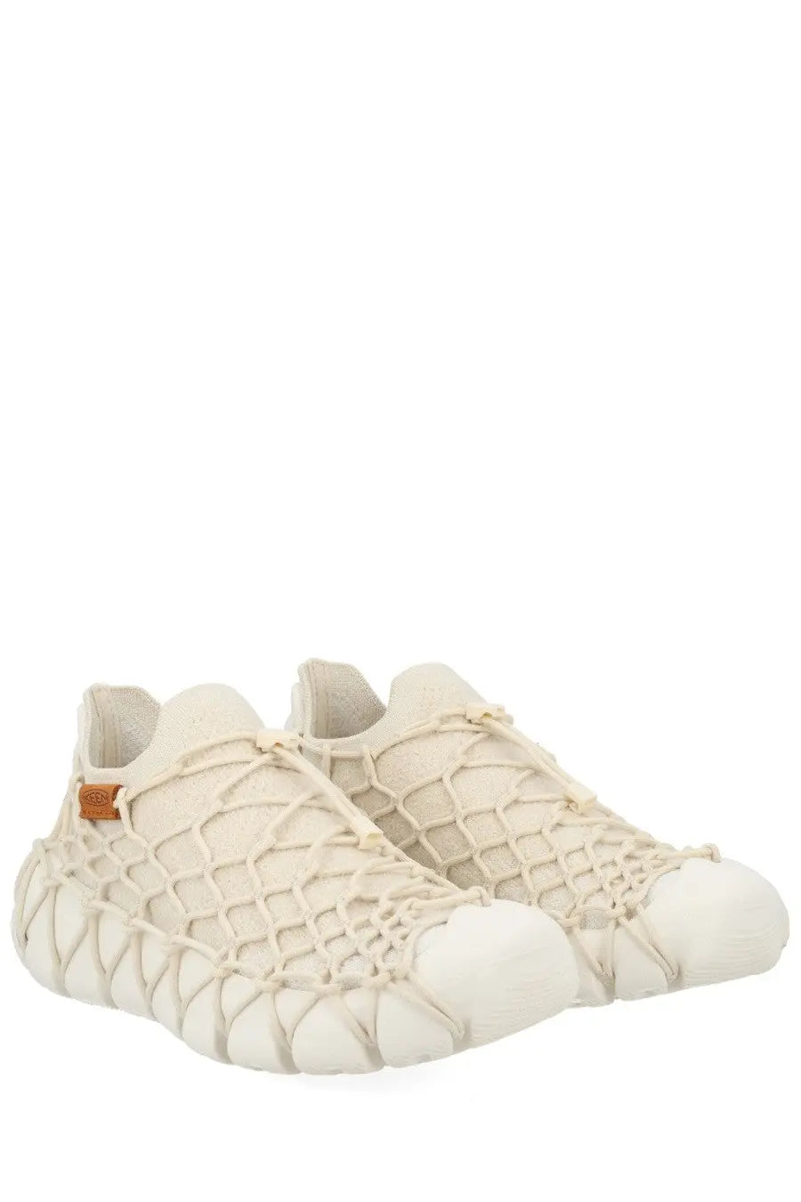 Keen women’s sneaker uneek white cream-colored mesh with textured sculpted sole and brown leather side tag