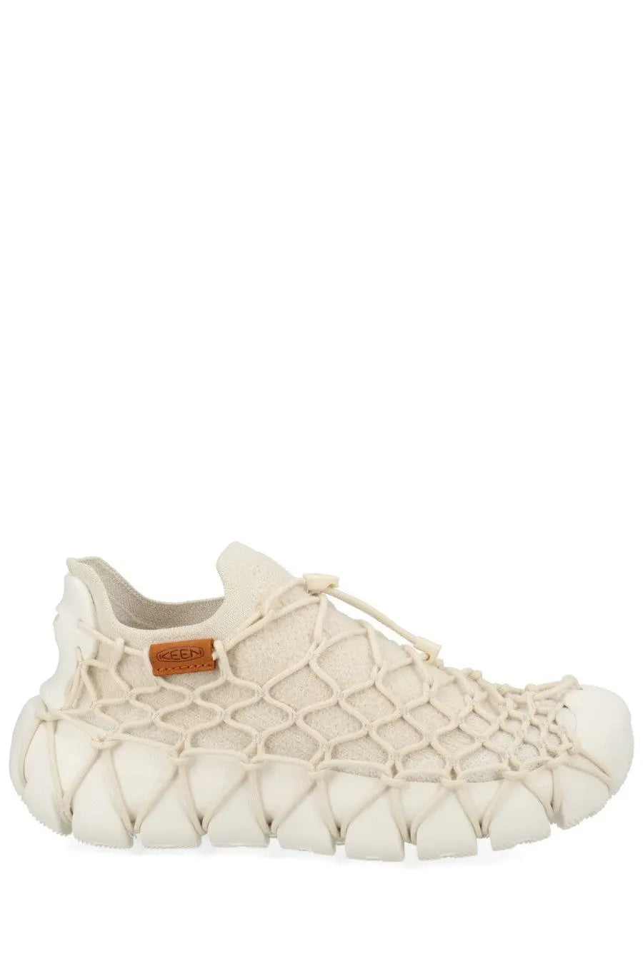 Keen women’s sneaker Uneek white cream mesh sneaker with textured sculpted sole and orange leather brand tag