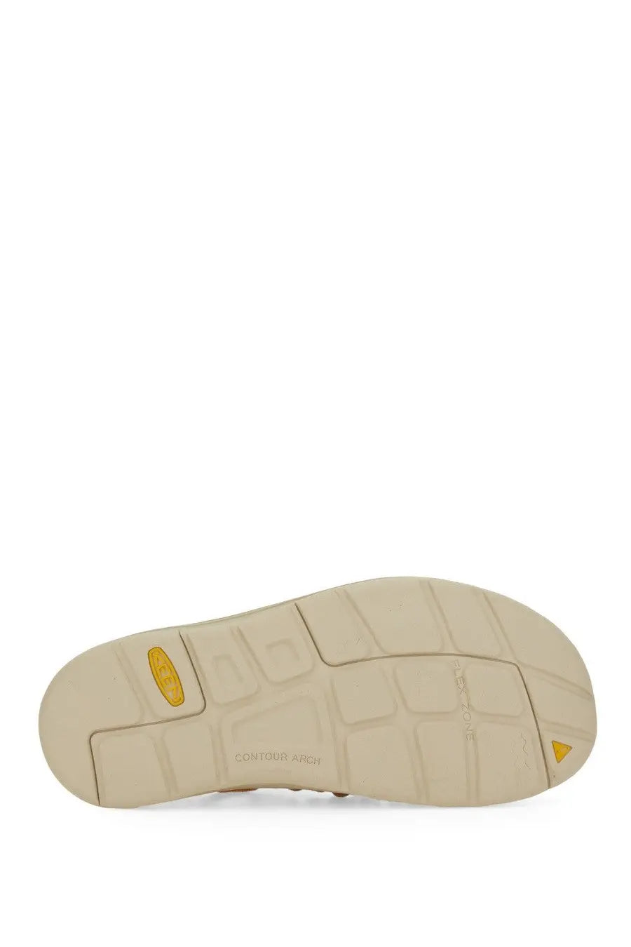 Beige rubber sole with yellow triangular logo and contour arch text on keen women’s uneek oak sandal multicolor