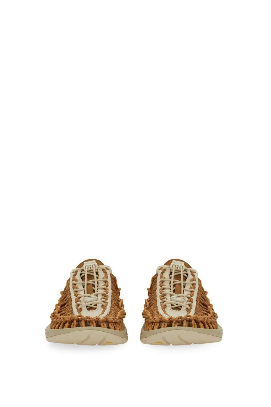 Tan macramé-knit sneakers with cream laces and matching rubber sole in keen women’s uneek oak sandal multicolor style