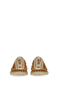 Tan macramé-knit sneakers with cream laces and matching rubber sole in keen women’s uneek oak sandal multicolor style