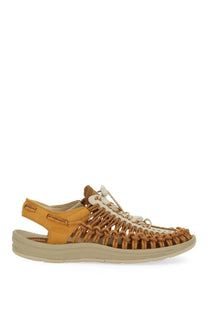 Keen women’s uneek oak sandal multicolor tan woven leather with cream laces and beige rubber sole front view