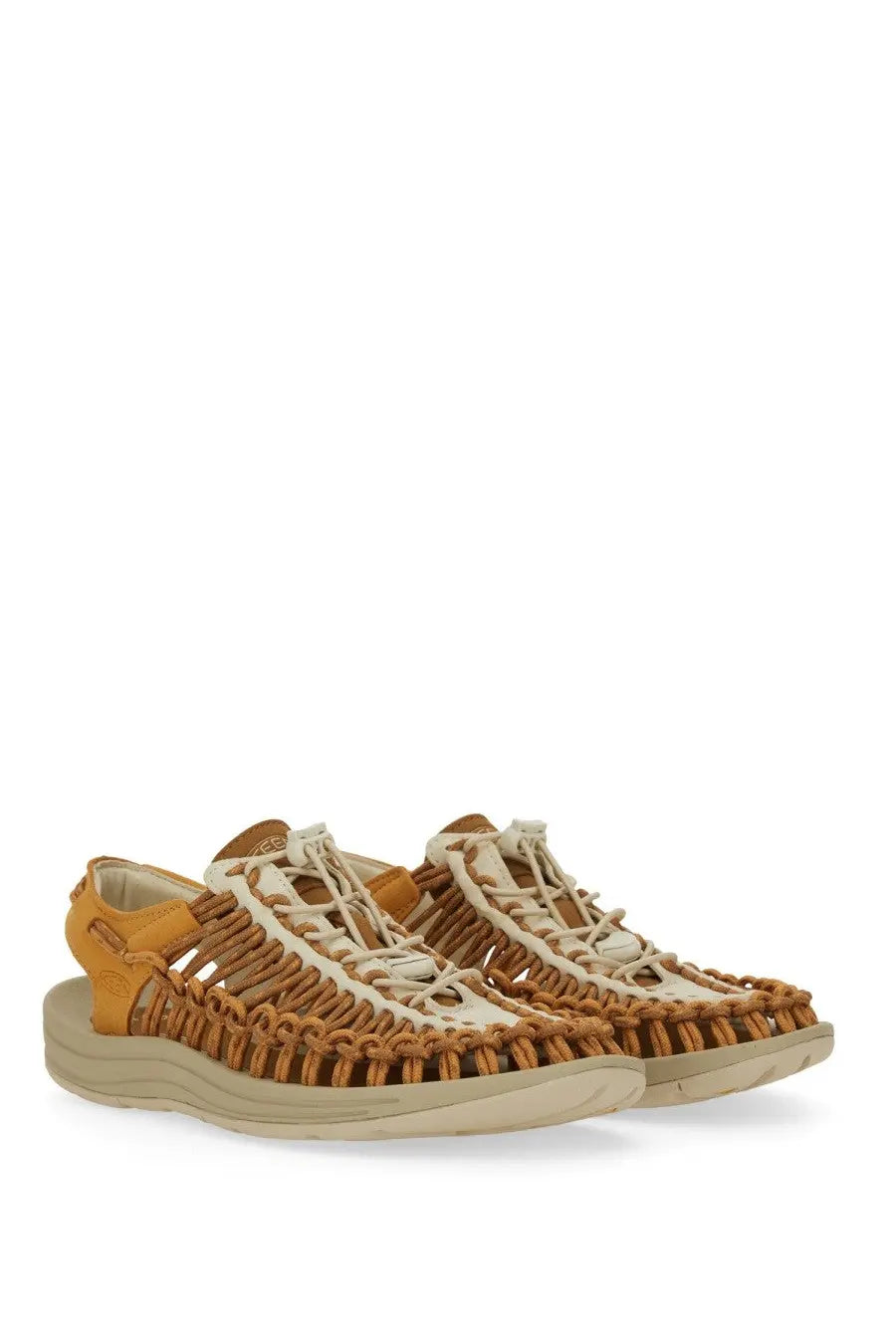 Keen women’s uneek oak sandal in tan woven leather with cream laces and light beige rubber sole