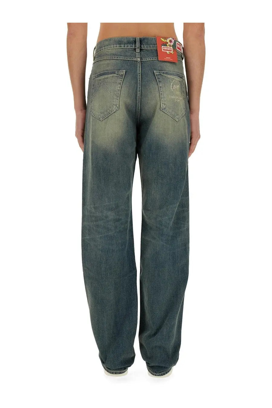 Kenzo men’s asagao straight jeans in dark blue denim with a faded, distressed look and wide-leg cut