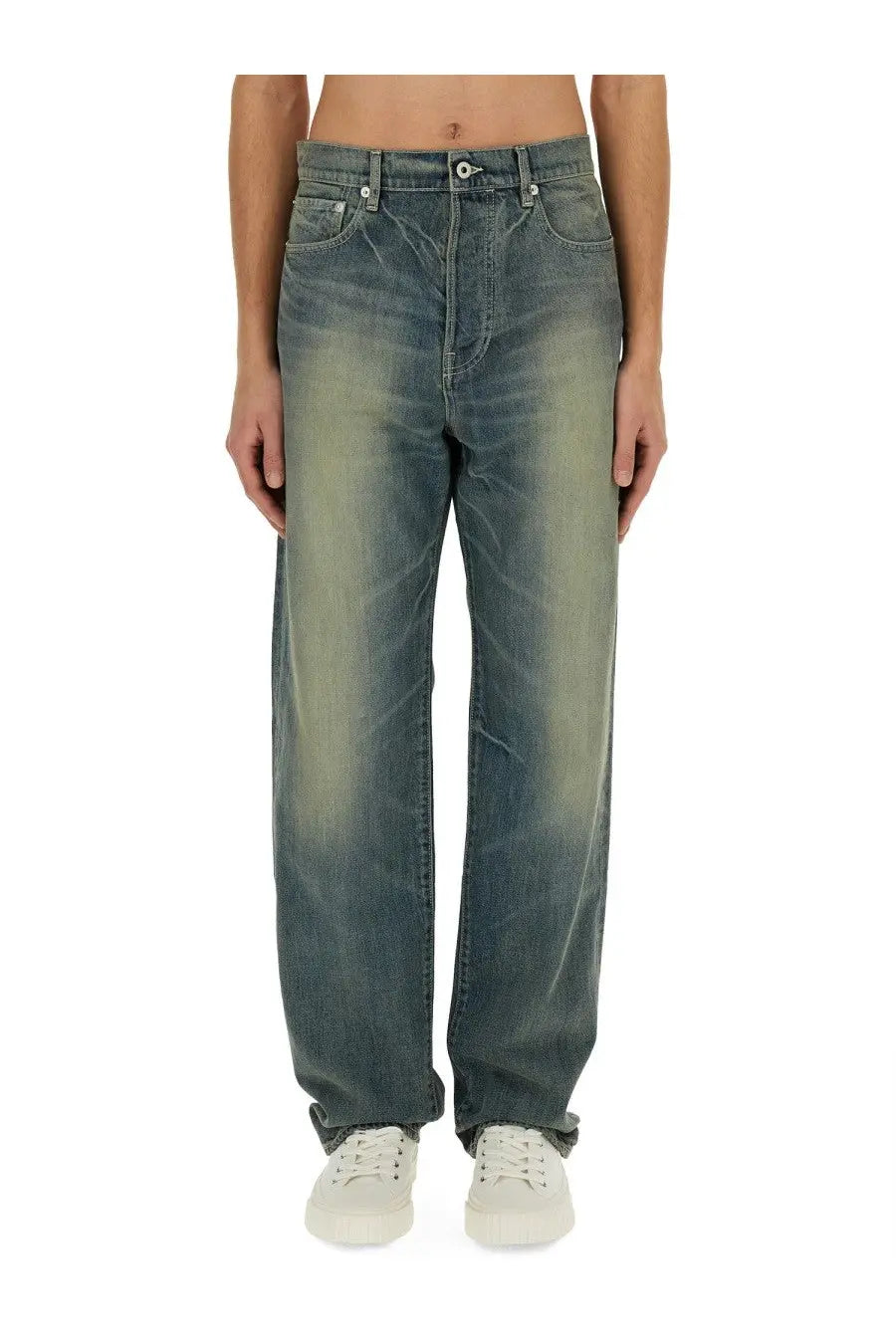 Kenzo men’s asagao straight jeans in blue washed denim with a faded distressed look and classic five-pocket design