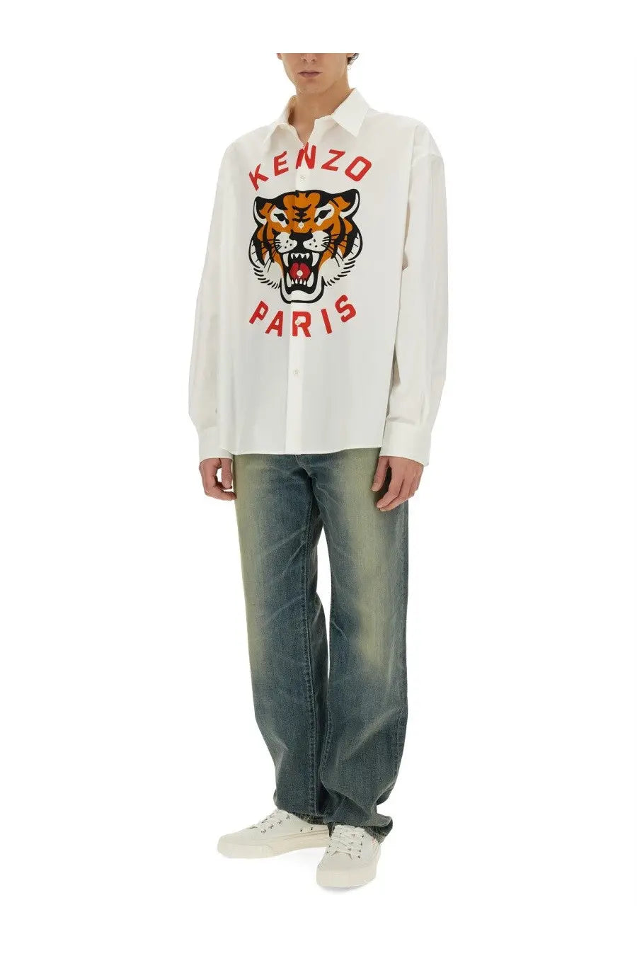 White long-sleeved Kenzo button-up shirt with bold orange and black tiger graphic and red Kenzo Paris lettering