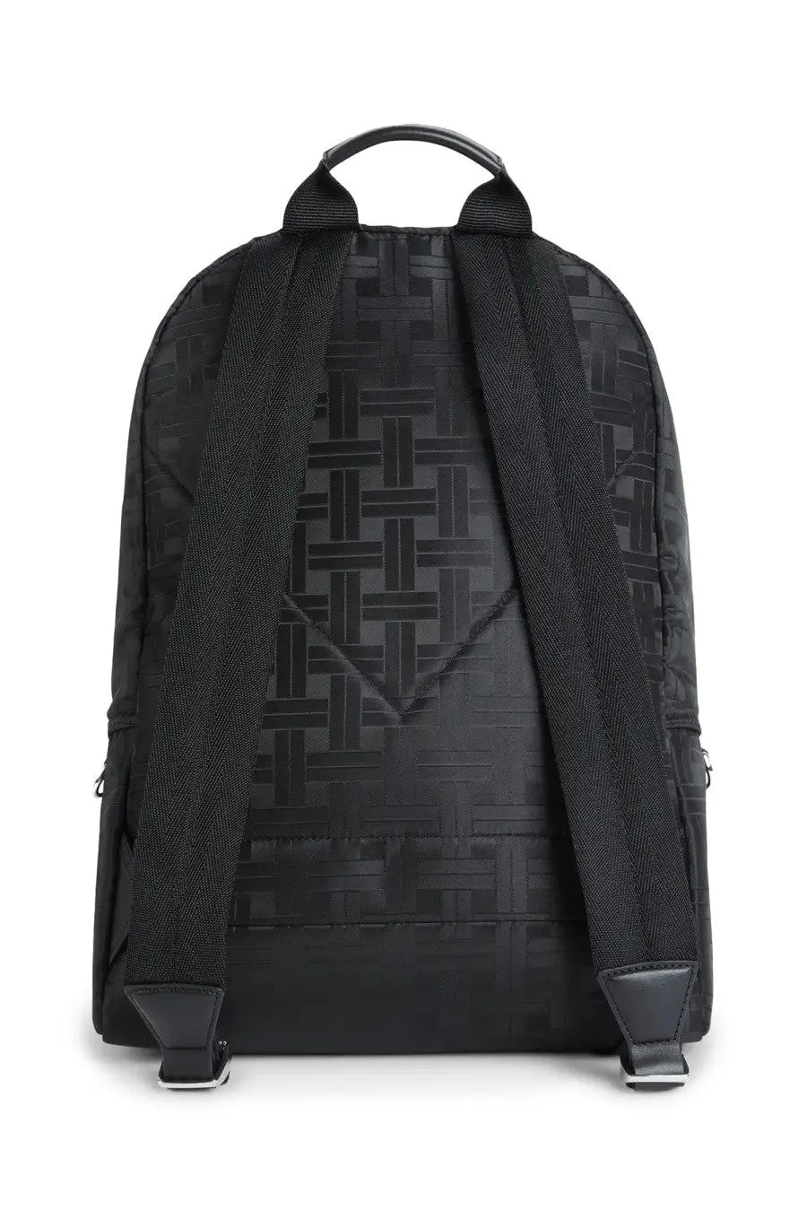 Kenzo men’s backpack walls black with subtle woven pattern and reinforced shoulder straps shown from the back side