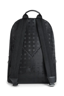 Kenzo men’s backpack walls black with subtle woven pattern and reinforced shoulder straps shown from the back side