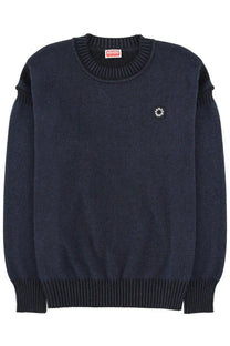 Kenzo men’s dark navy blue knit sweater with ribbed cuffs and hem featuring a small white embroidered logo